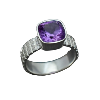 Amethyst Cushion Cut Ring Silver Checker Band [RINGSIZE:8]